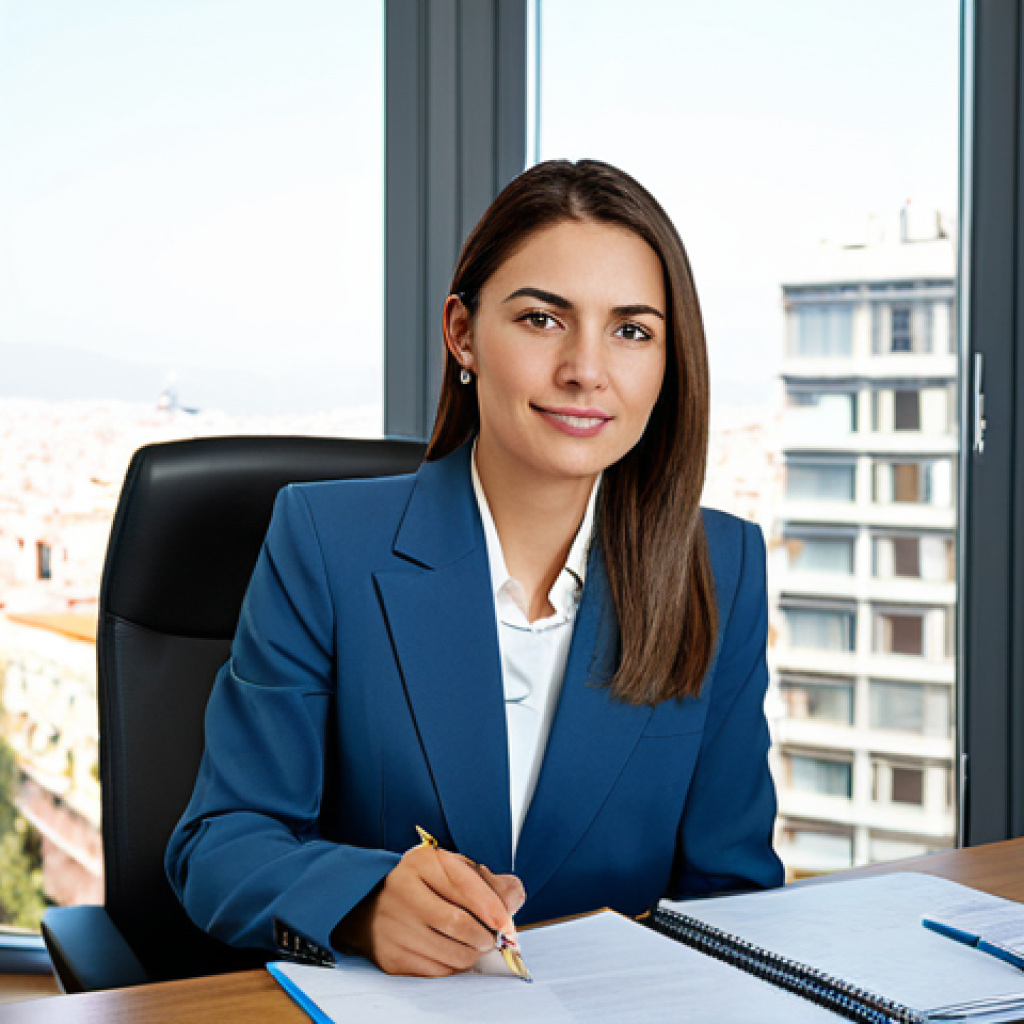 Businesswoman in Office**
"A professional businesswoman in a modest business suit, sitting at a desk in a modern office, fully clothed, appropriate attire, safe for work, perfect anatomy, natural proportions, professional photography, high quality. Consider a bright and airy office setting, perhaps with a view of Madrid or Barcelona."
**