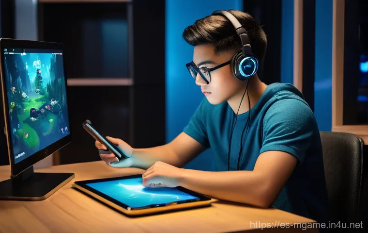 모바일게임 레이드 공략 - **Prompt:** "A young adult (15-25 years old) gamer, dressed in casual yet modest attire like a t-shi...