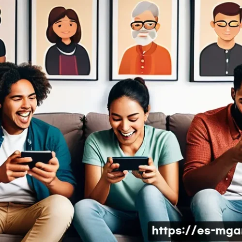 Home 33 모바일게임 난이도 설정 - A detailed digital illustration of a diverse group of mobile gamers in a cozy living room, each hold...