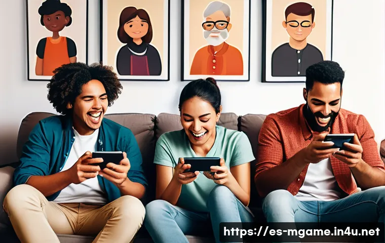 모바일게임 난이도 설정 - A detailed digital illustration of a diverse group of mobile gamers in a cozy living room, each hold...