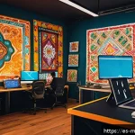 Home 20 모바일게임 제작사 인터뷰 - A vibrant mobile game development studio scene set in Mexico City, featuring a diverse creative team...