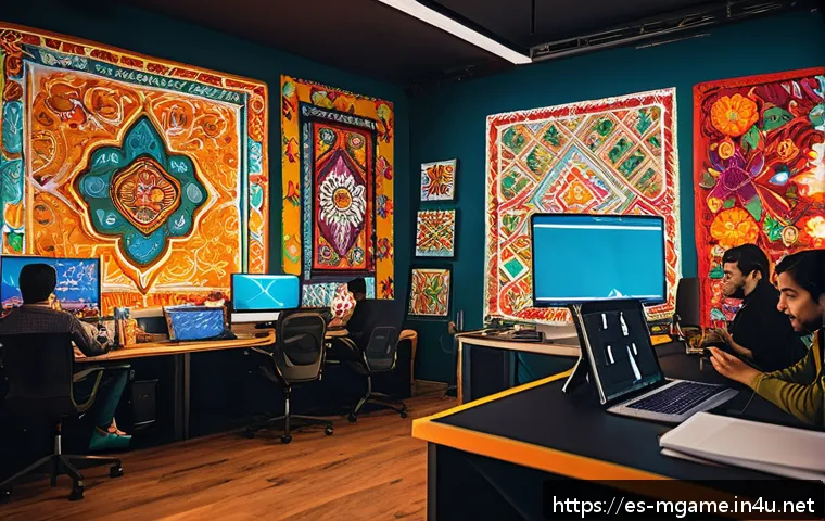 모바일게임 제작사 인터뷰 - A vibrant mobile game development studio scene set in Mexico City, featuring a diverse creative team...