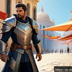 Home 19 모바일게임 스토리텔링 전략 - A dynamic mobile game hero character standing confidently in a bustling Spanish city plaza, dressed ...