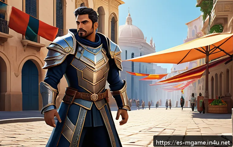 모바일게임 스토리텔링 전략 - A dynamic mobile game hero character standing confidently in a bustling Spanish city plaza, dressed ...