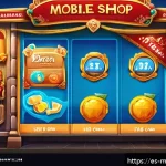 Home 18 모바일게임 인게임 스토어 - A vibrant digital illustration of a mobile game shop interface showcasing various in-game purchase o...