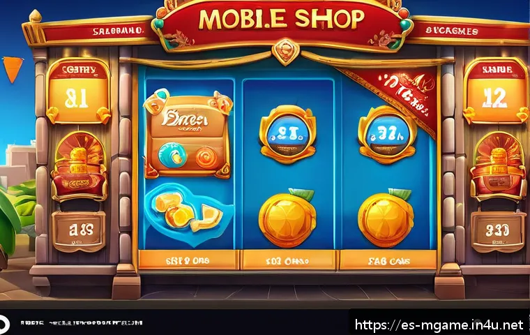 모바일게임 인게임 스토어 - A vibrant digital illustration of a mobile game shop interface showcasing various in-game purchase o...