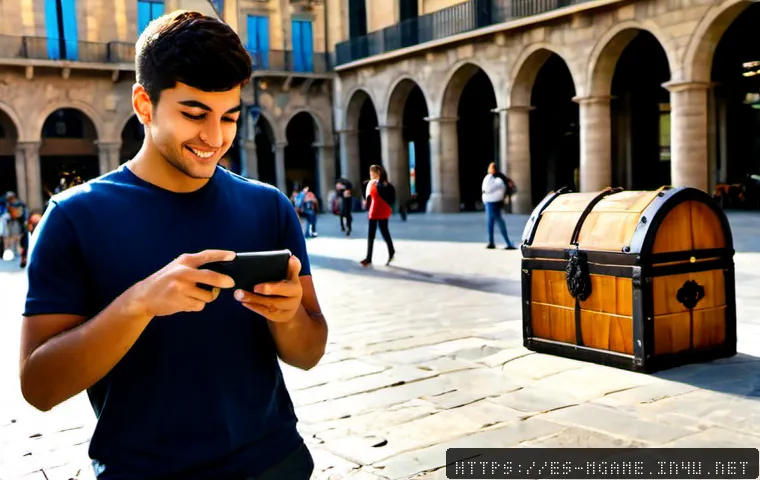 모바일게임 AR 기능 - Photorealistic lifestyle scene of a Spanish young adult using a smartphone AR mobile game in a sunny...