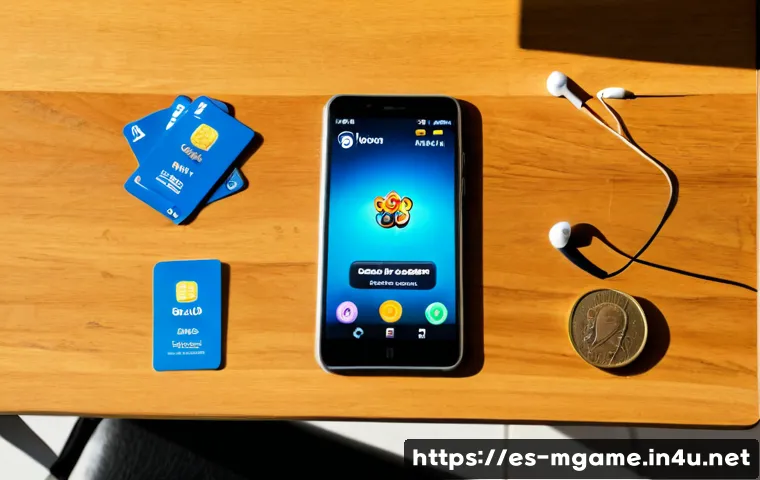모바일게임 코스튬 컬렉션 - Photorealistic overhead view of a modern smartphone on a clean wooden desk, displaying a colorful fa...