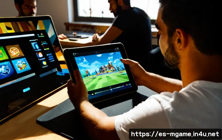 모바일게임 비하인드 스토리 - Photorealistic behind-the-scenes mobile game development studio in Madrid, a diverse Spanish creativ...